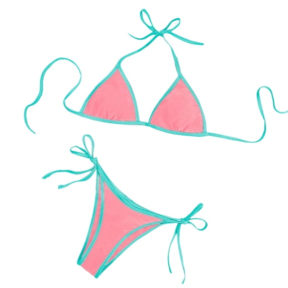 LEKWK Bikini Sets for Women High Cut Halter String Triangle Bathing Suits Color Block Tie Side Cheeky 2 Piece Swimsuits Summer Holiday Pool Party Resort Wear