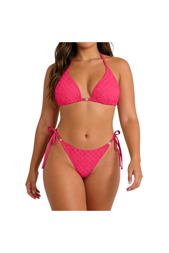 Bikini Sets for Women Plus Size High Cut Thong Tie Side Halter Bathing Suit String Textured Two Piece Swimsuit Summer Beach Vacation Pool Water Sports