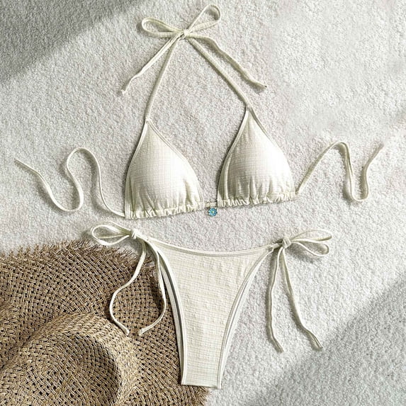 LEKWK Bikini Sets for Women Textured Halter String Plaid Print Swimsuits Thong Cheeky Tie Side Bathing Suits Summer Fashion Resort Pool Party Beachwear