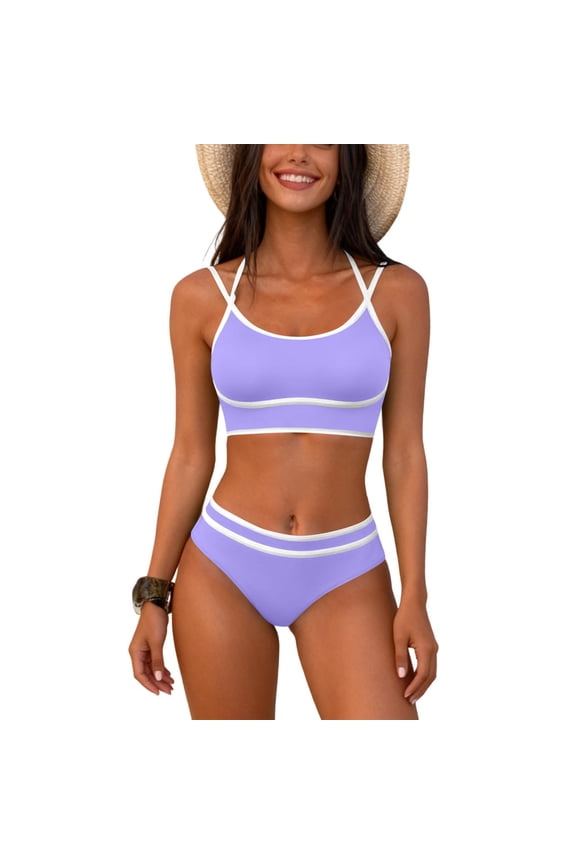 Bikini Sets for Women Sporty Scoop Neck Contrast Trim Adjustable Straps Low Rise Bottom Two Piece Bathing Suit for Beach Vacation Swimming