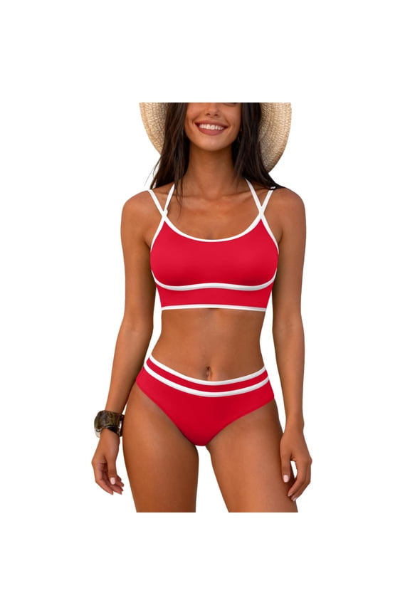 Bikini Sets for Women Sporty Scoop Neck Contrast Trim Adjustable Straps Low Rise Bottom Two Piece Bathing Suit for Beach Vacation Swimming