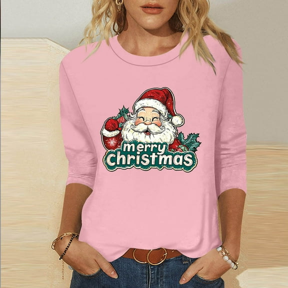 LEKWK Black Christmas Outfit Women Xmas Santa Crew Neck 3/4 Sleeve Tops Blue Christmas Tops for Women Winter Womens Petite Christmas Tops