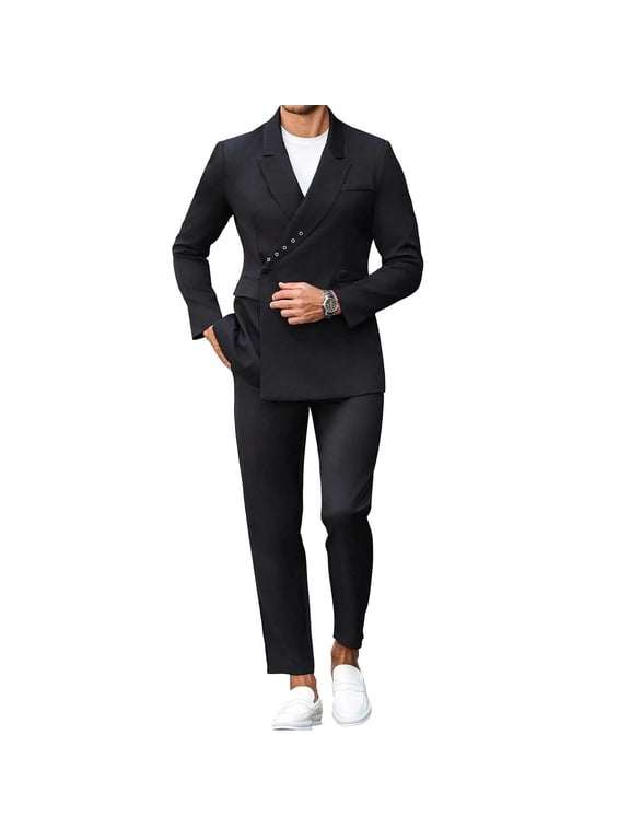 Black Suits for Men Cropped Double Breasted 2 Piece Suit Slim Fit Blazer and Trousers Set Buttons Formal Business Tuxedo Jackets Party Wedding Evening Outfits