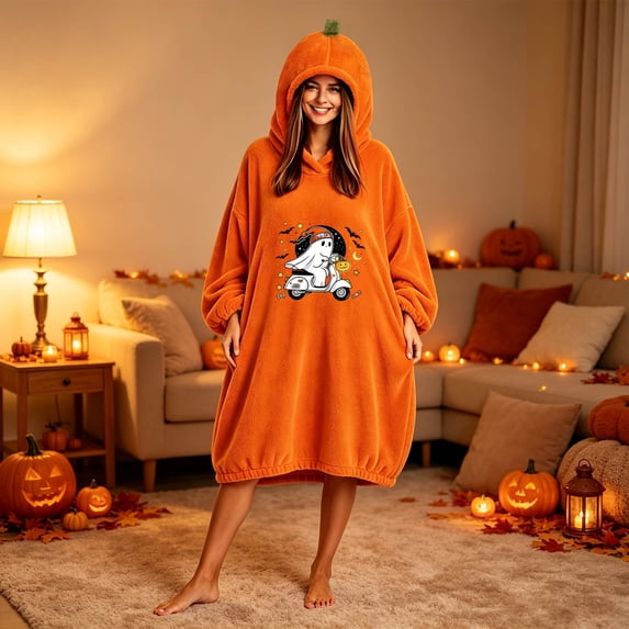 LEKWK Blanket Hoodies for Women Cute Pumpkin Costume Novelty Graphic Fleece Halloween Costume Soft Comfy Fall Winter Sleepwear Loungewear
