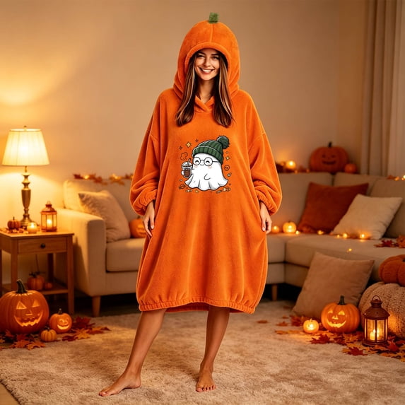 LEKWK Blanket Hoodies for Women Cute Pumpkin Costume Novelty Graphic Fleece Halloween Costume Soft Comfy Fall Winter Sleepwear Loungewear