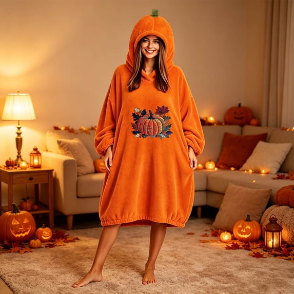 LEKWK Blanket Hoodies for Women Cute Pumpkin Costume Novelty Graphic Fleece Halloween Costume Soft Comfy Fall Winter Sleepwear Loungewear