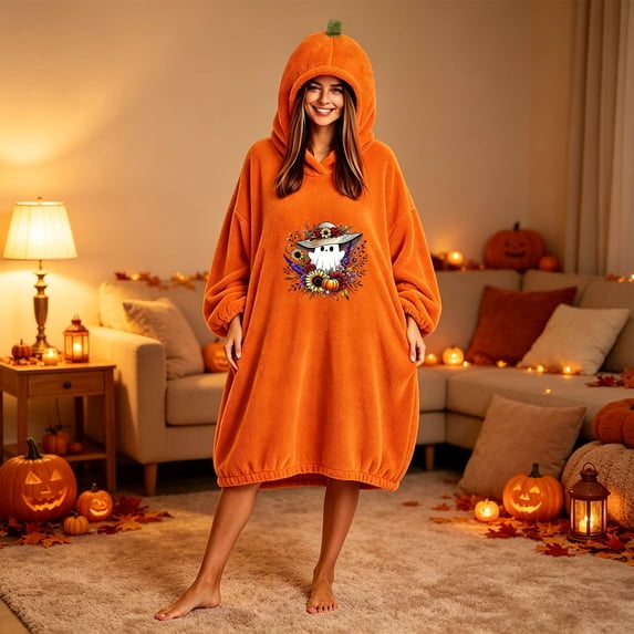 LEKWK Blanket Hoodies for Women Cute Pumpkin Costume Novelty Graphic Fleece Halloween Costume Soft Comfy Fall Winter Sleepwear Loungewear