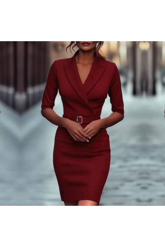 Blazer Dress for Women 3/4 Sleeve V Neck Work Dresses Belted Bodycon Midi Dress Elegant Sheath Dress Business Office Formal Wedding Guest Wear