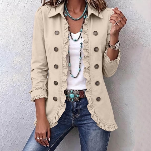 LEKWK Blazers for Women Business Casual Ruffled Lapel Collar Open Front Fall Coat 3/4 Sleeve Lightweight Office Work Outwear Beige M