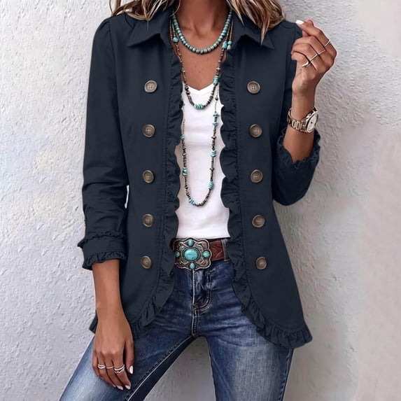 LEKWK Blazers for Women Business Casual Ruffled Lapel Collar Open Front Fall Coat 3/4 Sleeve Lightweight Office Work Outwear Navy L