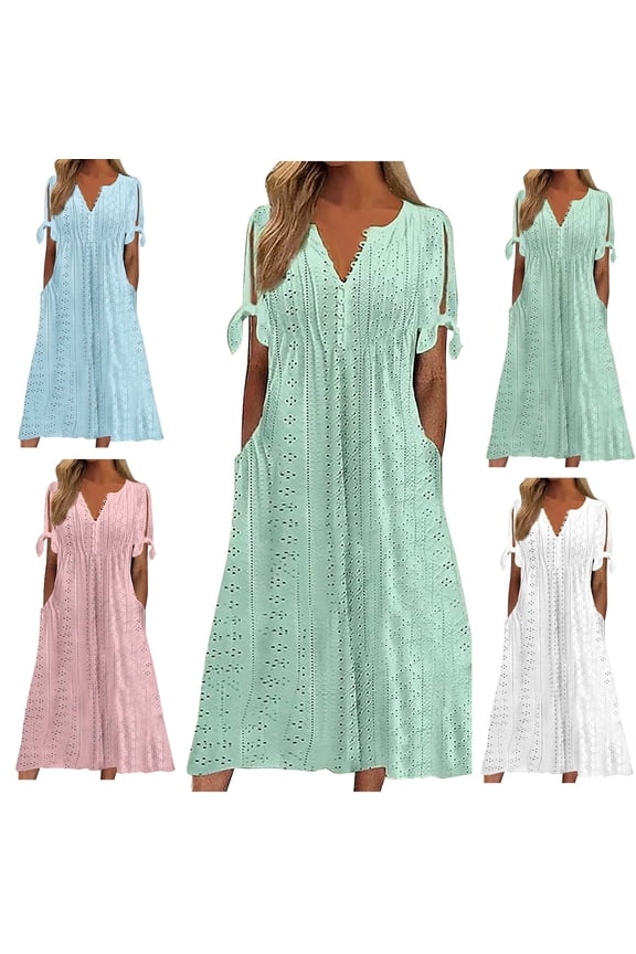 Boho Dresses for Women 2025 Short Sleeve V Neck Midi Dress Eyelet Hollow out Summer Dress with Pockets Button Down Casual Beach Vacation Flowy