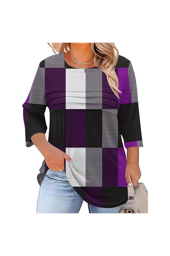 Boho Tops for Women Regular Fit Crew Neck 3/4 Sleeve Tops Loose Fit Colorful Marble Swirl Tunic Tops Abstract Pleated Texture Bohemian Party Wear