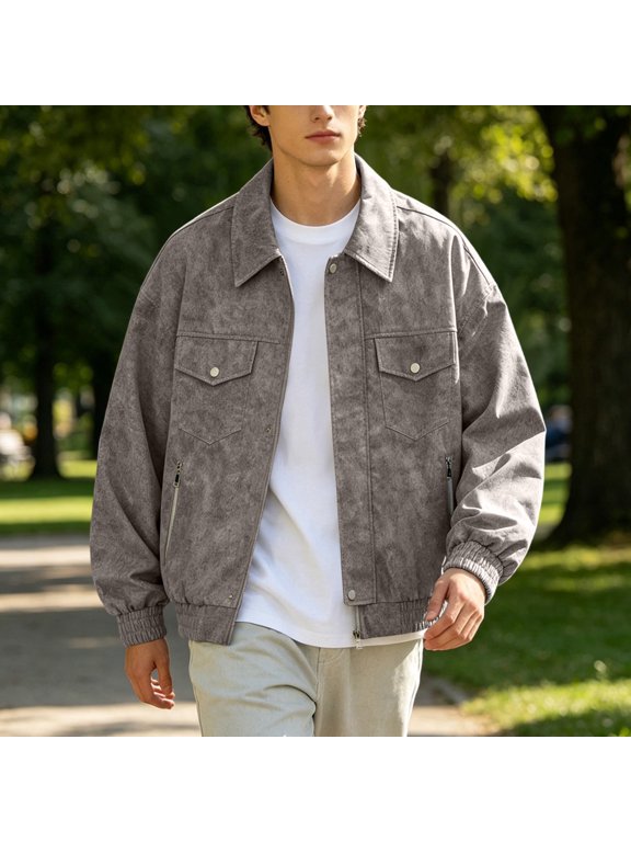 Bomber Jacket Men Lightweight Casual Spring Fall Windbreaker Coat with Pocket Button Down Vintage Moto Biker Outerwear Coffee XL