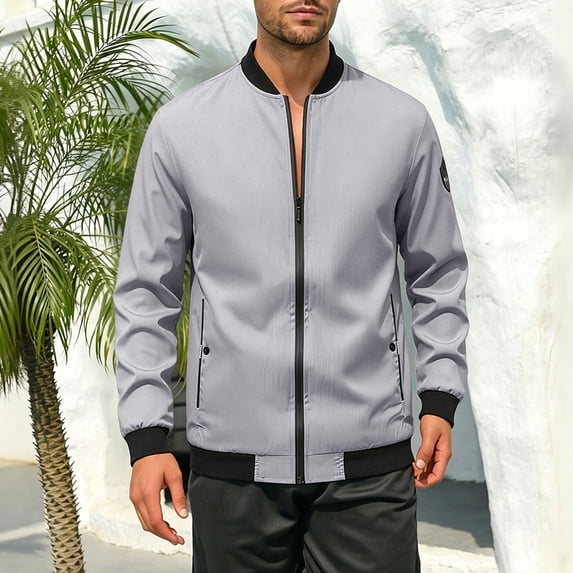 LEKWK Bomber Jacket Men Zip Up Lightweight Windbreaker Stand Collar Casual Coat with Pockets Fall Winter Relaxed Fit Outerwear Activewear