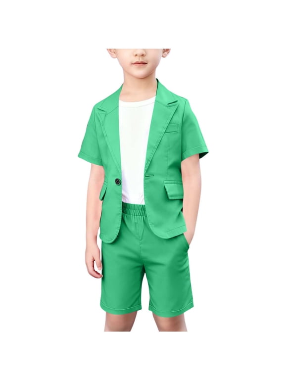 Boys 2-Piece Smart Casual Set Short Sleeve Notch Lapel Blazer Jacket Elastic Waist Shorts Outfit Little Kid Summer Wedding Party Fashion Suit