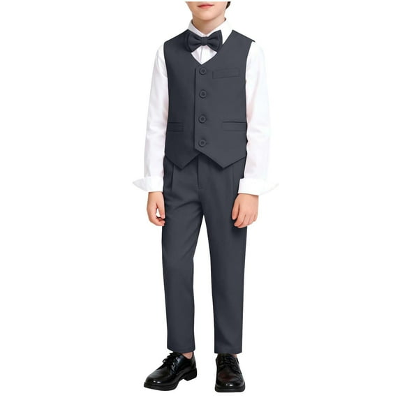 LEKWK Boys 4-Piece formal Suit Set Sleeveless Vest Long Sleeve Shirt Bow-Tie Dress Pant Outfit Big Kid Wedding Party Performance Gentleman Suit
