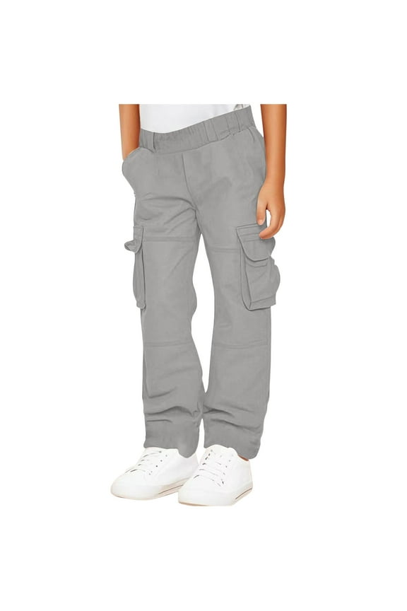 Boys Cargo Pants Multi Flap Pockets Work Trousers Elastic Waist Straight Leg Bottoms Soft Durable Outdoor Hiking School Casual Daily Wear