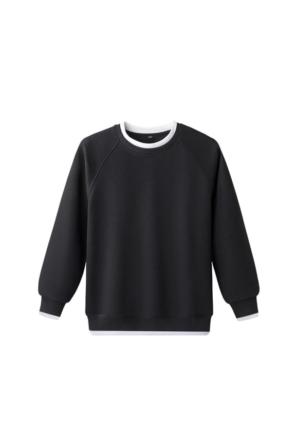 Boys Crew Neck Sweatshirt Faux Two Piece Contrast Trim Long Sleeve Pullover Soft Warm Casual School Uniform Tops