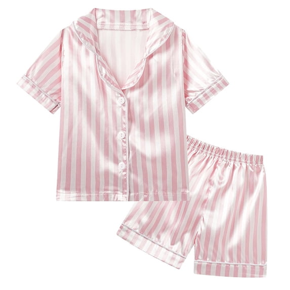 LEKWK Boys Girls Striped Pajamas Short Sleeve Button Down Tops and Shorts Lightweight Silky 2 Piece Loungewear Summer Casual Sleep Homewear 0-5Y