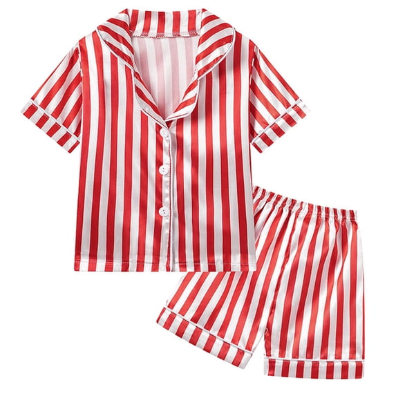 LEKWK Boys Girls Striped Pajamas Short Sleeve Button Down Tops and Shorts Lightweight Silky 2 Piece Loungewear Summer Casual Sleep Homewear 0-5Y