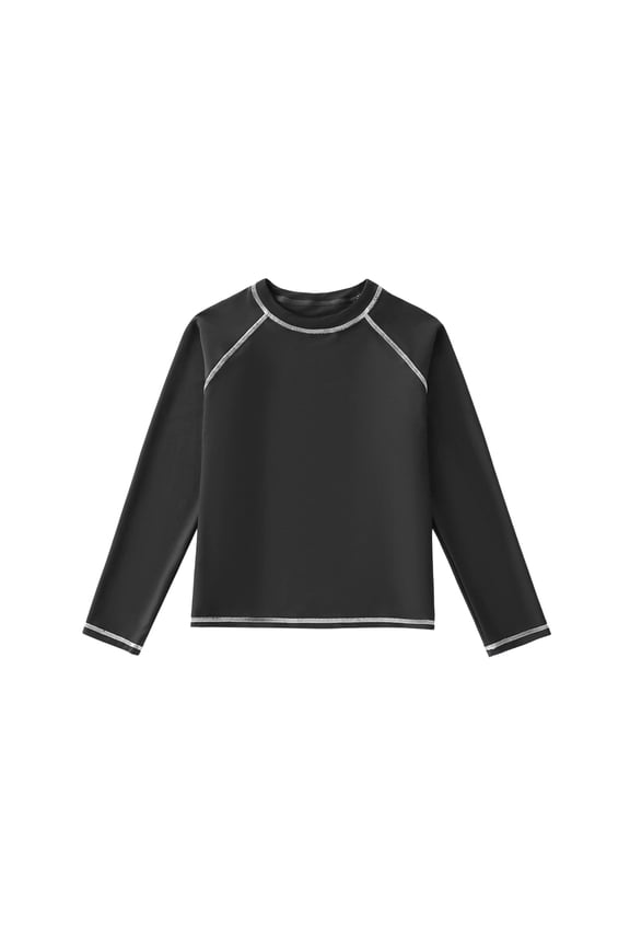 Boys Long Sleeve Rash Guard Swim Shirt Contrast Stitching Crew Neck Top Quick Dry Athletic Beach Surfing Swimming Tees