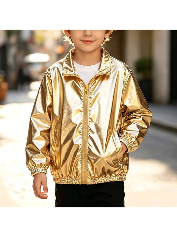 Boys Metallic Jackets Shiny Collared Full Zip Jacket with Pockets Kids Lightweight Windbreaker Fall Casual Activewear Yellow 10-11 Years