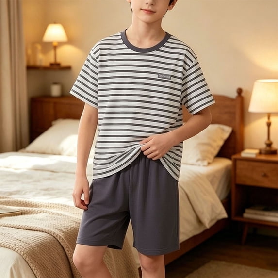 LEKWK Boys Pajama 2 Piece Sets Short Sleeve Striped T-Shirt and Shorts Casual Workout Loungewear Summer Fashion Athletic Home Sleepwear 3-15Y