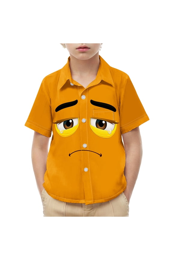 Boys Short Sleeve Button Down Shirt Funny Cartoon Face Print Turn Down Collar Top Novelty Summer Beach Party Outfits