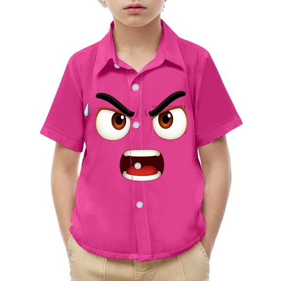 LEKWK Boys Short Sleeve Button Down Shirt Funny Cartoon Face Print Turn Down Collar Top Novelty Summer Beach Party Outfits