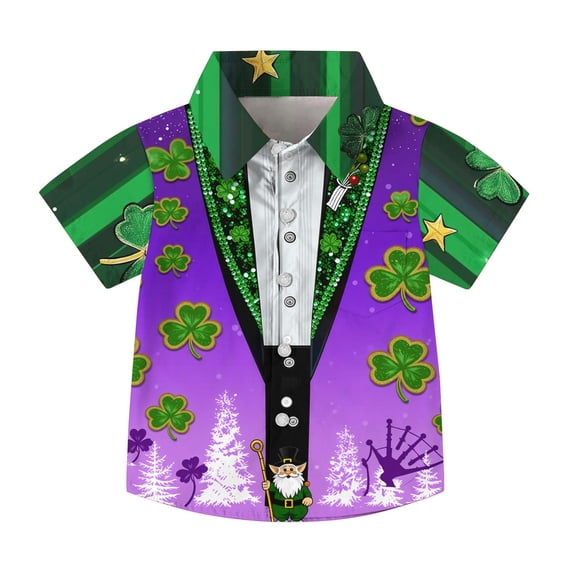 LEKWK Boys St. Patrick's Day Shirt Faux Suit Vest Graphic Short Sleeve Button Down Top Irish Festival Performance Wear
