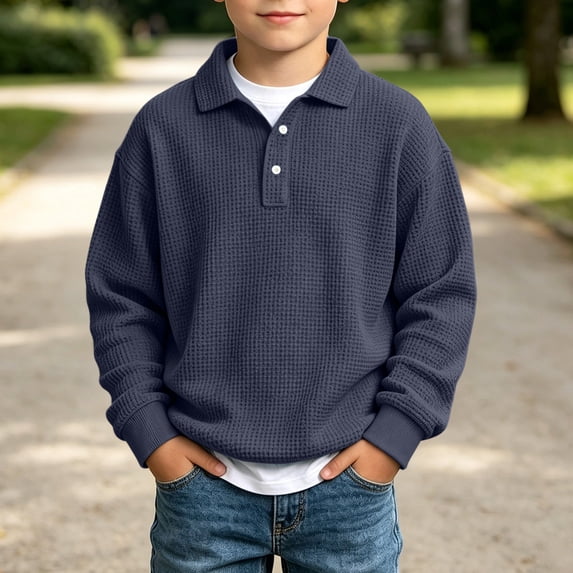 LEKWK Boys Sweatshirts Lapel Buttons Casual Pullovers Long Sleeve Fall Lightweight Sweatshirt Loose Fit Waffle Knit Soft Hoodless Pullover Winter School Outdoors Sweater