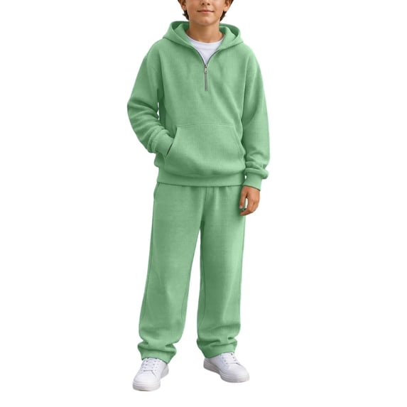 LEKWK Boys Sweatsuit 2 Piece Outfits Waffle Quarter Zip Hooded Sweatshirt and Wide Leg Sweatpants Fall Winter Lounge Workout Activewear