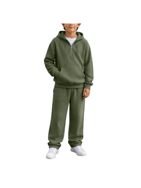 Boys Sweatsuit 2 Piece Outfits Waffle Quarter Zip Hooded Sweatshirt and Wide Leg Sweatpants Fall Winter Lounge Workout Activewear