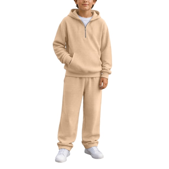 LEKWK Boys Sweatsuit 2 Piece Outfits Waffle Quarter Zip Hooded Sweatshirt and Wide Leg Sweatpants Fall Winter Lounge Workout Activewear