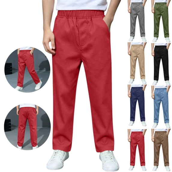LEKWK Boys Uniform Pants Chino Pants Pull-On Elastic Waist Straight Leg Trousers with Pockets Kids Twill Pants 5-15Y Back to School Clothes