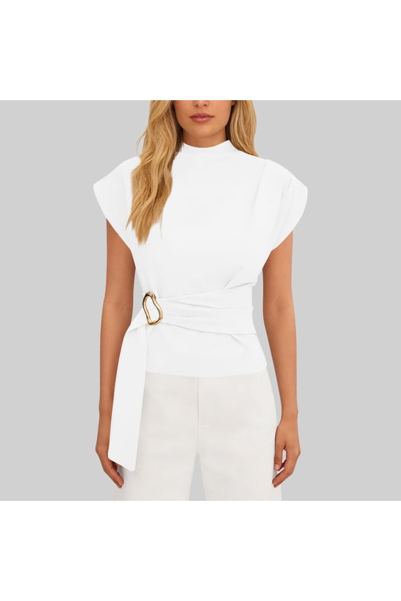 Business Casual Tops for Women Regular Fit Mock Neck Cap Sleeve Tops Buckle Waist Dressy Tops Solid Professional Office Wear