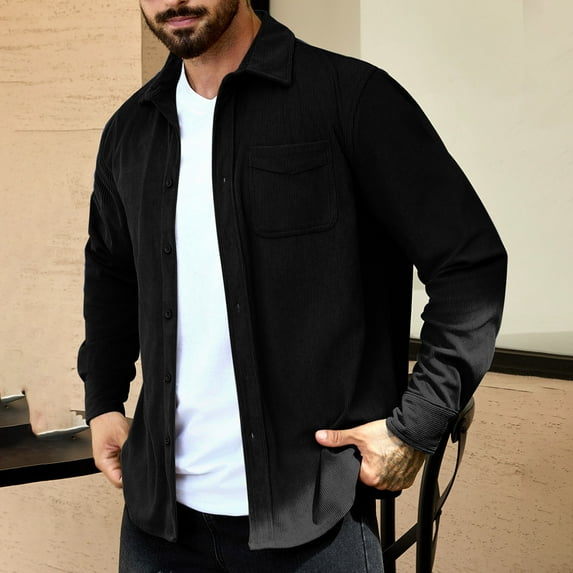 LEKWK Button Down Corduroy Shirts for Men Long Sleeve Shackets Dressy Casual Collared Tops Fashion Loose Fit T-Shirts with Pocket