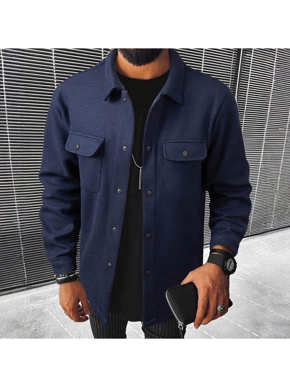 Button Down Shirt Men Long Sleeve Tweed Wool Blend Relaxed Fit Jacket Lapel Collared Classic Shacket with Chest Pockets Fall Party Daily Wear