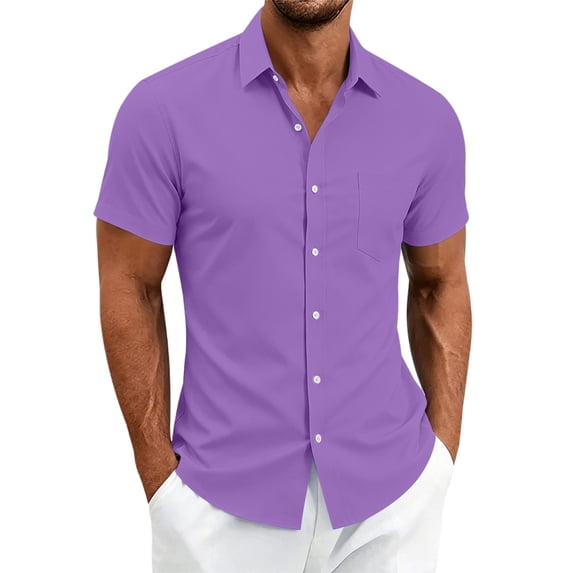 LEKWK Button Down Shirt for Men Short Sleeve Collared Casual Work Shirt with Chest Pocket Lightweight Breathable Classic Fit Summer Top Purple XXXL