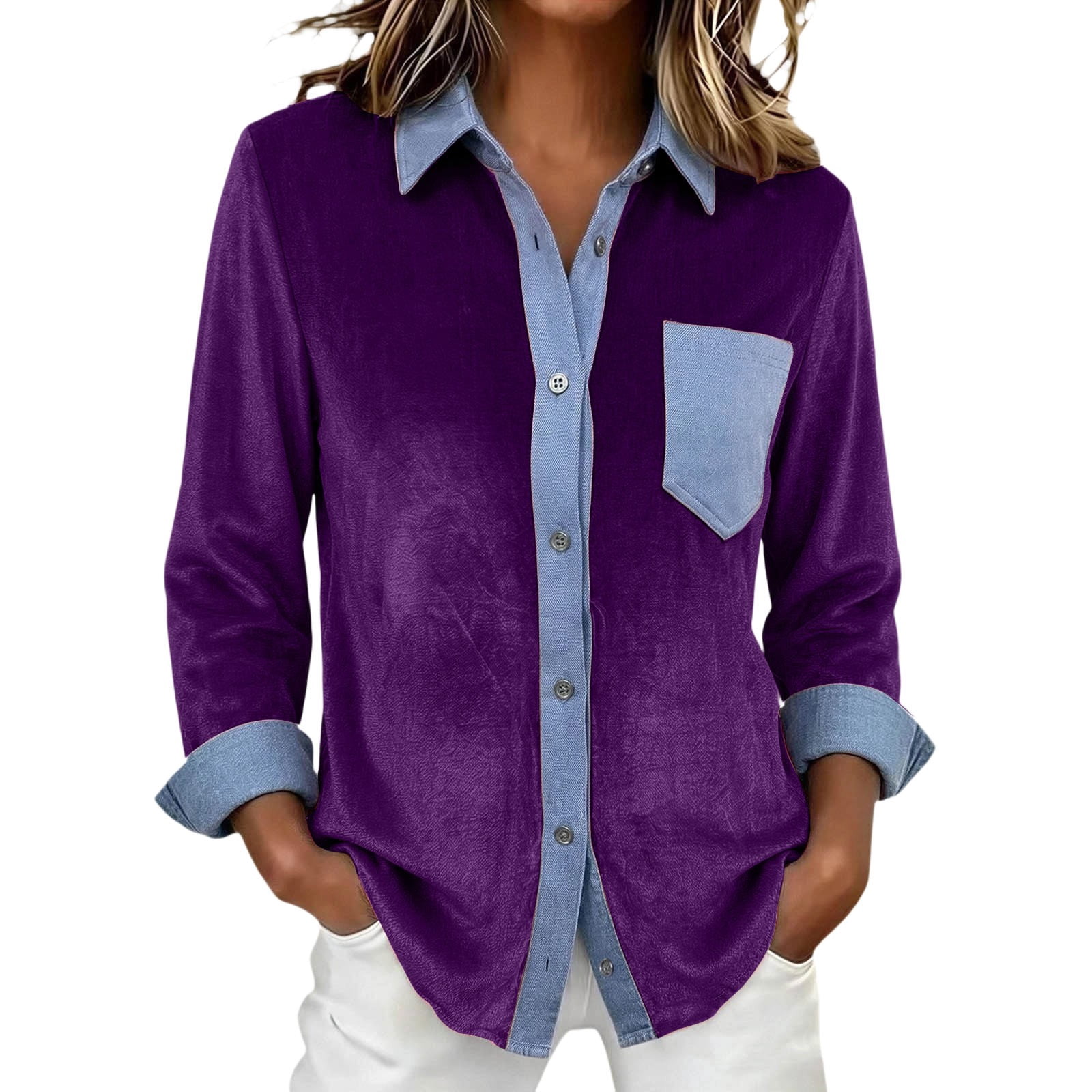 LEKWK Button Down Shirts for Women Color Block Long Sleeve Denim ...