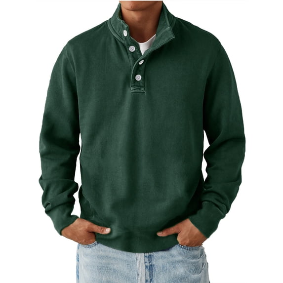 LEKWK Button Neck Sweatshirt for Men Stand Collar Long Sleeve Pullover with Ribbed Cuffs and Hem Soft Relaxed Fit Casual Top for Travel Lounge Outdoor Work and Everyday Layering