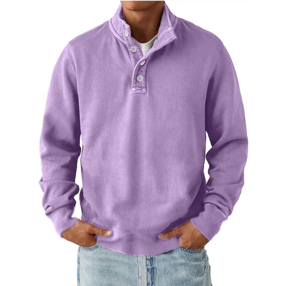 LEKWK Button Neck Sweatshirt for Men Stand Collar Long Sleeve Pullover with Ribbed Cuffs and Hem Soft Relaxed Fit Casual Top for Travel Lounge Outdoor Work and Everyday Layering