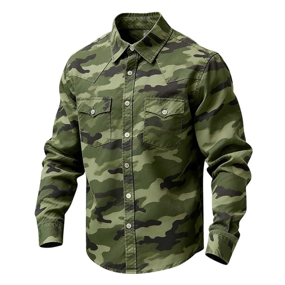 LEKWK Camouflage Shirt for Men Western Cowboy Style Long Sleeve Button Down Top Outdoor Hunting Ranch Rodeo Work Wear