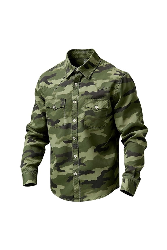 Camouflage Shirt for Men Western Cowboy Style Long Sleeve Button Down Top Outdoor Hunting Ranch Rodeo Work Wear
