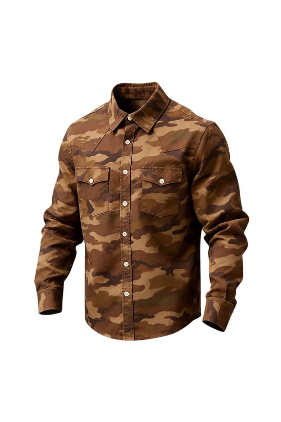 Camouflage Shirt for Men Western Cowboy Style Long Sleeve Button Down Top Outdoor Hunting Ranch Rodeo Work Wear