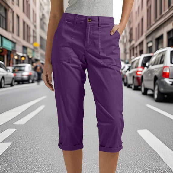 LEKWK Capri Cargo Pants for Women High Waist Casual Straight Leg Pants with Pockets Lightweight Rolled Cuff Relaxed Fit Capri Pants Summer Fashion Daily Wear