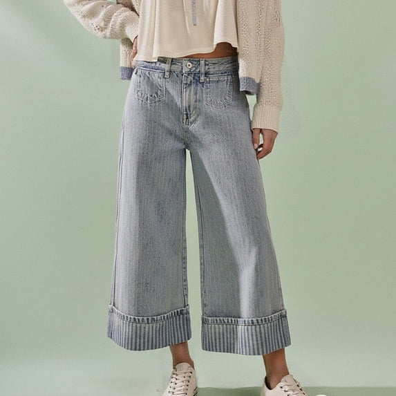 LEKWK Capri Jeans for Women High Waist Casual Wide Leg Jeans with Pockets Striped Cuff Soft Breathable Denim Pants Straight Leg Spring Outdoor Daily Wear