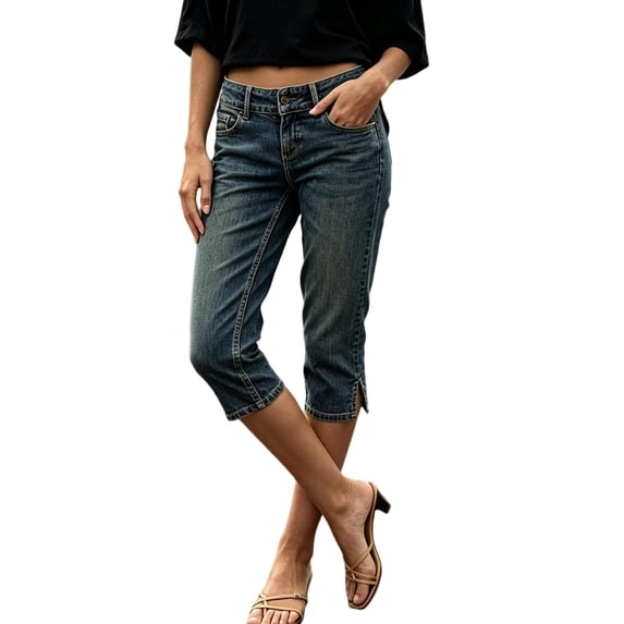 LEKWK Capri Jeans for Women Stretch Mid Rise Casual Denim Capri Pants Side Slit Slim Fit Pull On Cropped Trousers with Pockets Fashion Daily Wear