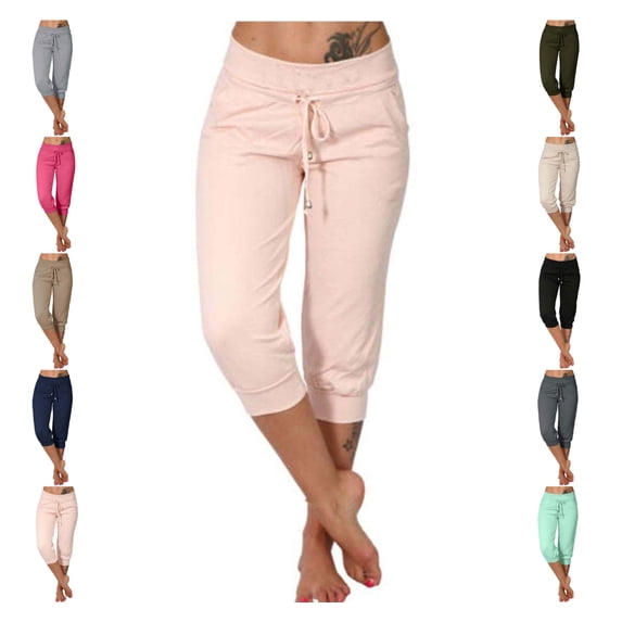 LEKWK Capri Joggers Womens Elastic Waist Drawstring Casual Sweatpants Lightweight Loose Fit Cropped Joggers with Pockets Summer Athletic Gym Running Clothes
