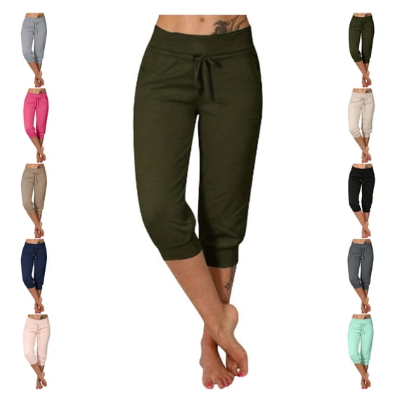 LEKWK Capri Joggers Womens Elastic Waist Drawstring Casual Sweatpants Lightweight Loose Fit Cropped Joggers with Pockets Summer Athletic Gym Running Clothes